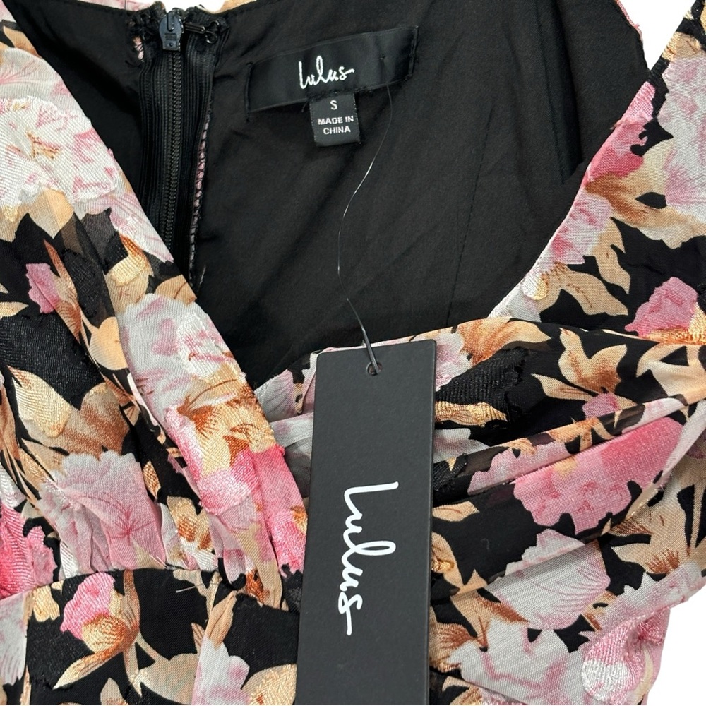 Lulus Black Floral Mini Faux Wrap Formal Dress size Small NWT - Picture 6 of 15